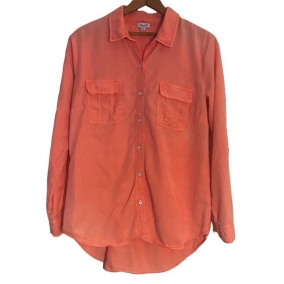 Splendid Bright Tangerine Chambray Hi/Low Roll Tab Sleeve Super Soft Button Up M - Picture 1 of 5